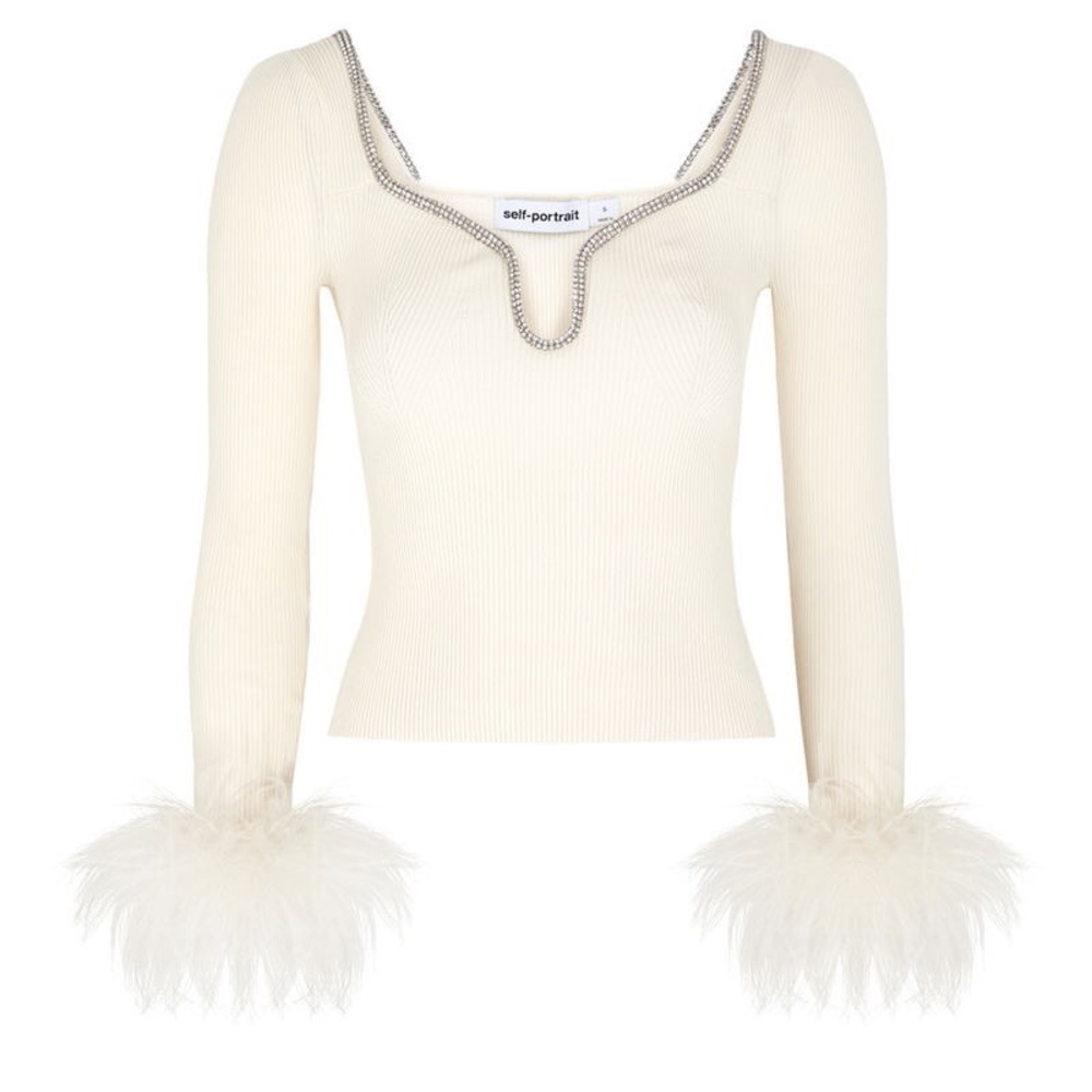 Self-Portrait White Embellished Knit Sweater Top with Feather Fur Cuffs
